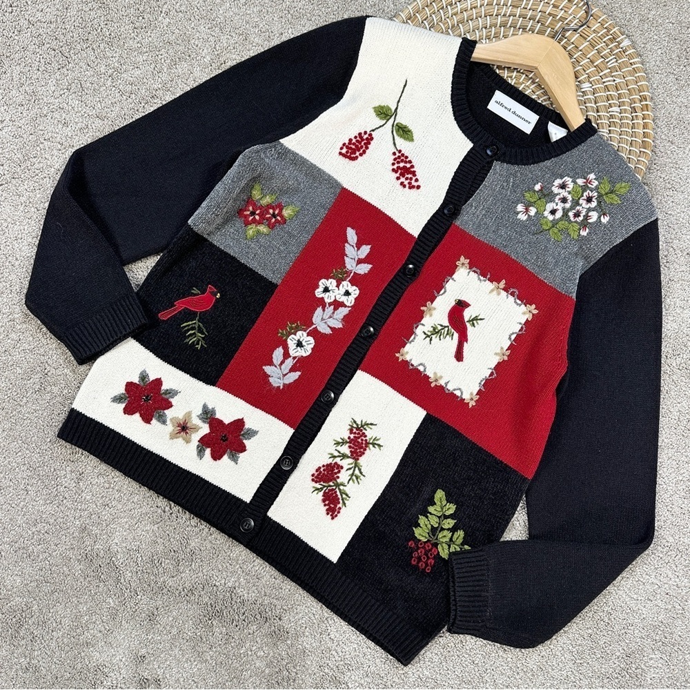 Alfred Dunner Vintage Cardigan Sweater Embroidered Birds Cardinal Grandmacore S